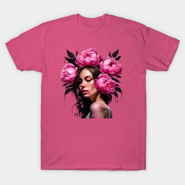 Flower Head Woman with Pink Peony Roses T-Shirt by Ravenglow